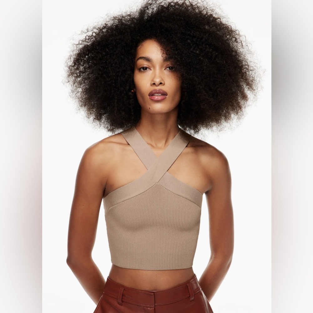 Tan Ribbed Cross-Front Crop Top